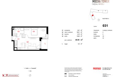 Rzut - Mieszkanie na sprzedaż 2 pokoje o powierzchni 40,85 m² - numer 031 w Osiedle Mocha Tower