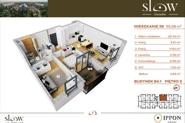 Rzut - Mieszkanie na sprzedaż 3 pokoje o powierzchni 55,06 m² - numer M39 w Osiedle SLOW