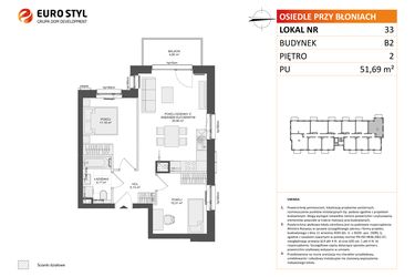 Rzut - Mieszkanie na sprzedaż 3 pokoje o powierzchni 51,69 m² - numer B2.33 w Osiedle Przy Błoniach 3 etap III