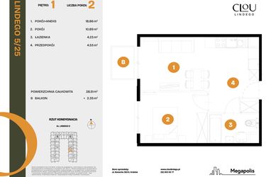 Rzut - Mieszkanie na sprzedaż 2 pokoje o powierzchni 38,51 m² - numer 25 w CLOU LINDEGO