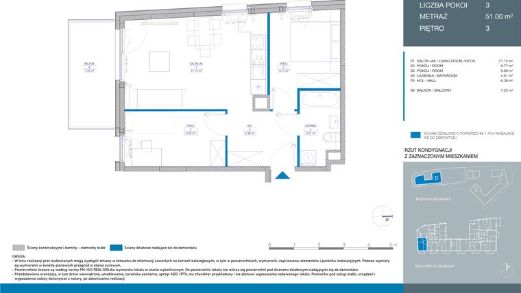 Rzut - Mieszkanie na sprzedaż 3 pokoje o powierzchni 50,99 m² - numer DA0303 w Spokojny Mokotów