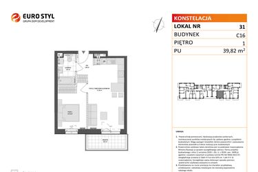 Rzut - Mieszkanie na sprzedaż 2 pokoje o powierzchni 39,82 m² - numer C16.31 w Konstelacja etap VI