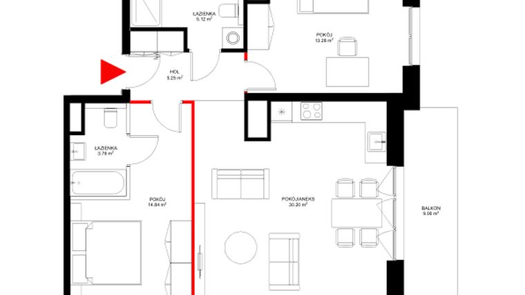 Rzut - Mieszkanie na sprzedaż 3 pokoje o powierzchni 72,63 m² - numer E.1.3 w INSPIRE ETAP IV – bud. E