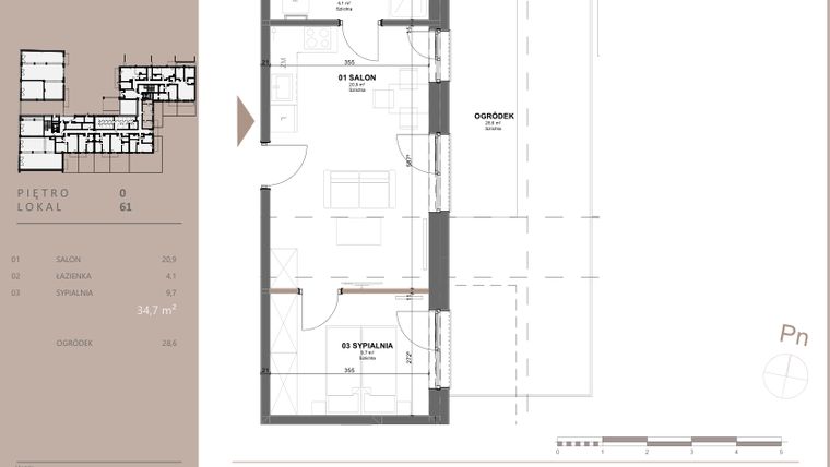 Rzut - Mieszkanie na sprzedaż 2 pokoje o powierzchni 34,7 m² - numer 61 w BETWEEN