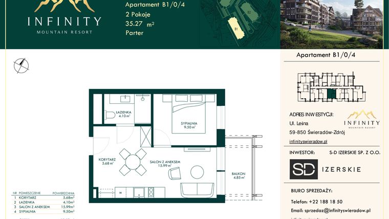 Rzut - Mieszkanie na sprzedaż 2 pokoje o powierzchni 35,27 m² - numer B1/0/4 w Infinity Mountain Resort etap 2