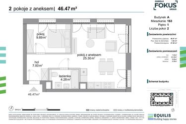 Rzut - Mieszkanie na sprzedaż 2 pokoje o powierzchni 46,47 m² - numer 163 w Osiedle Fokus Ursus