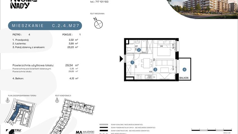 Rzut - Mieszkanie na sprzedaż 1 pokój o powierzchni 29,54 m² - numer C.2.4.M27 w Nowe Promenady etap II