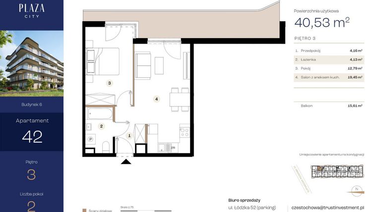 Rzut - Mieszkanie na sprzedaż 2 pokoje o powierzchni 40,53 m² - numer B6M42 w Plaza City