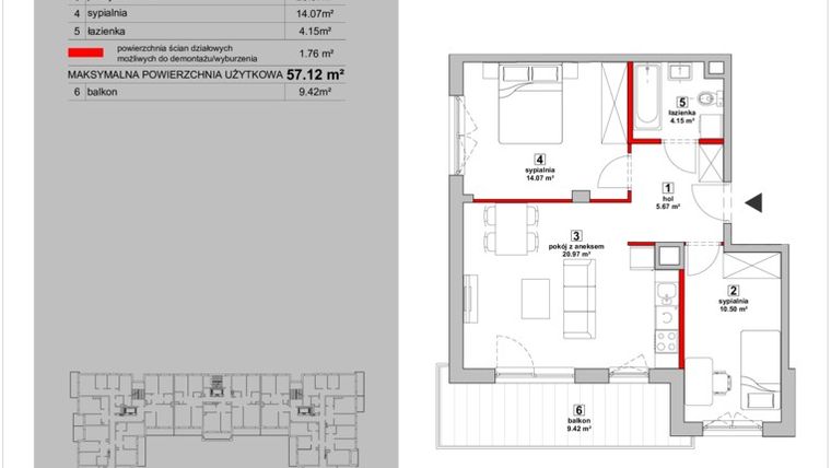 Rzut - Mieszkanie na sprzedaż 3 pokoje o powierzchni 57,12 m² - numer P7 5.3.108 w Osiedle Poematu