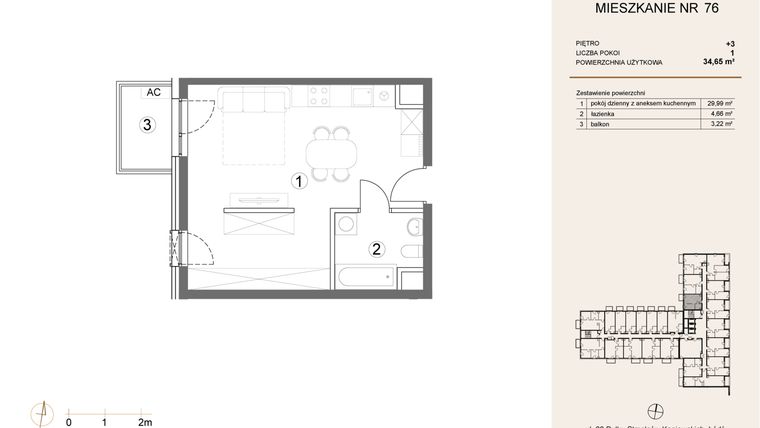 Rzut - Mieszkanie na sprzedaż 1 pokój o powierzchni 34,65 m² - numer 76 w Waterlane Vibe