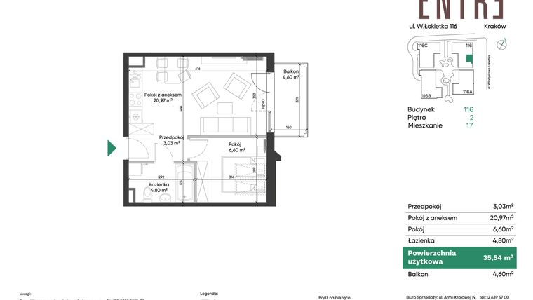 Rzut - Mieszkanie na sprzedaż 2 pokoje o powierzchni 35,54 m² - numer 116-M17 w Entre