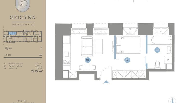 Rzut - Mieszkanie na sprzedaż 1 pokój o powierzchni 27,29 m² - numer 59 w Oficyna - mieszkania