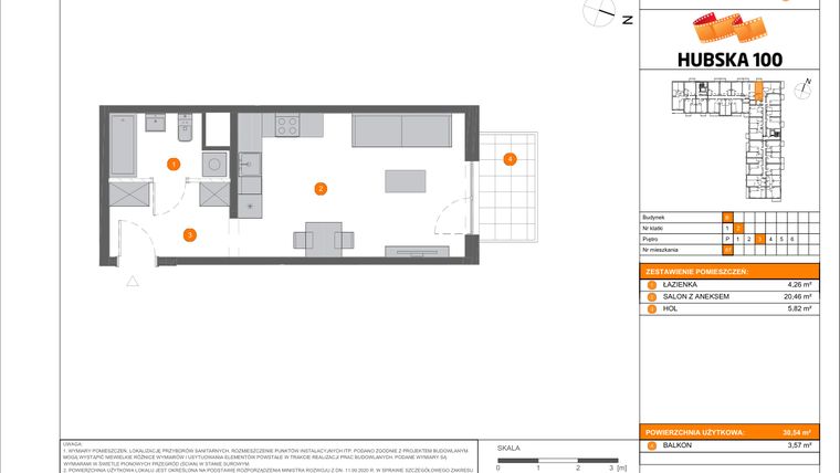 Rzut - Mieszkanie na sprzedaż 1 pokój o powierzchni 30,54 m² - numer B.87 w Hubska 100