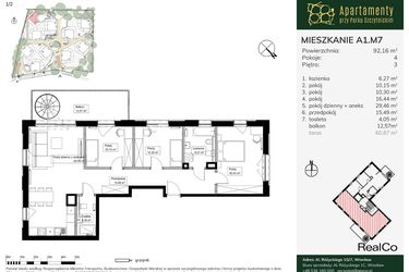 Rzut - Mieszkanie na sprzedaż 4 pokoje o powierzchni 92,16 m² - numer A1.M7 w Apartamenty przy Parku Szczytnickim