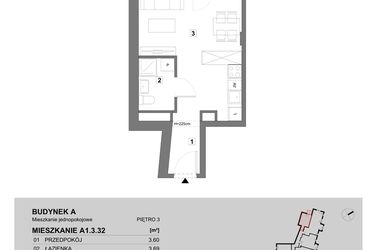 Rzut - Mieszkanie na sprzedaż 1 pokój o powierzchni 28 m² - numer A1.3.32 w ATAL Grabiszyn