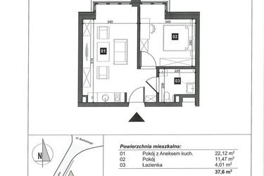 Rzut - Mieszkanie na sprzedaż 2 pokoje o powierzchni 37,6 m² - numer 4 w Słoneczne Świnoujście
