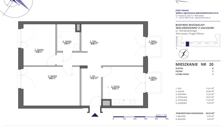 Rzut - Mieszkanie na sprzedaż 3 pokoje o powierzchni 81,48 m² - numer 20 w Sierakowskiego II