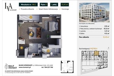 Rzut - Mieszkanie na sprzedaż 1 pokój o powierzchni 51,45 m² - numer M4.3 w La Vie Art