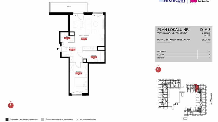 Rzut - Mieszkanie na sprzedaż 2 pokoje o powierzchni 61,24 m² - numer D1A 3 w Modern Mokotów etap 4, budynek D1 i D2