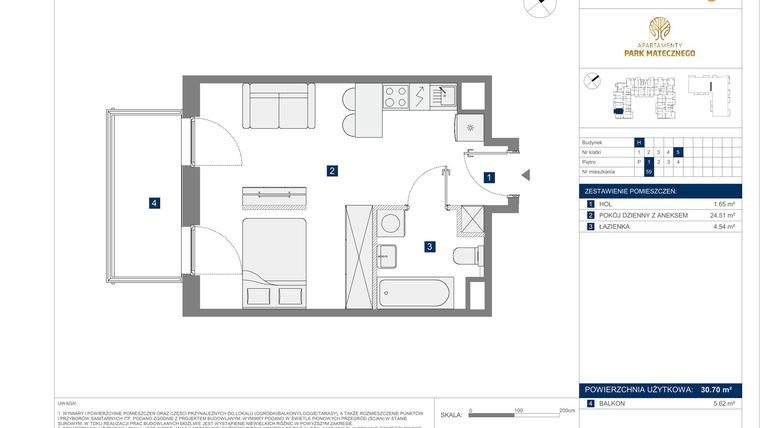 Rzut - Mieszkanie na sprzedaż 1 pokój o powierzchni 30,7 m² - numer H59 w Apartamenty Park Matecznego Etap 2.2