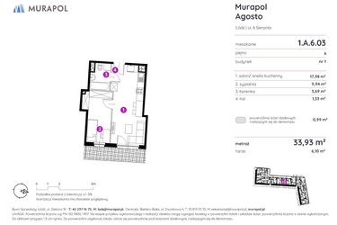 Rzut - Mieszkanie na sprzedaż 2 pokoje o powierzchni 33,86 m² - numer 1.A.6.03 w Murapol Agosto