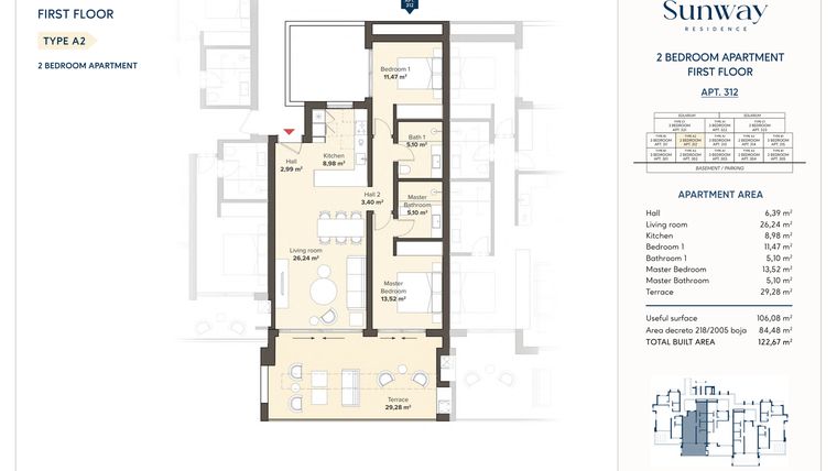 Rzut - Mieszkanie na sprzedaż 2 pokoje o powierzchni 106,08 m² - numer 312 w Sunway