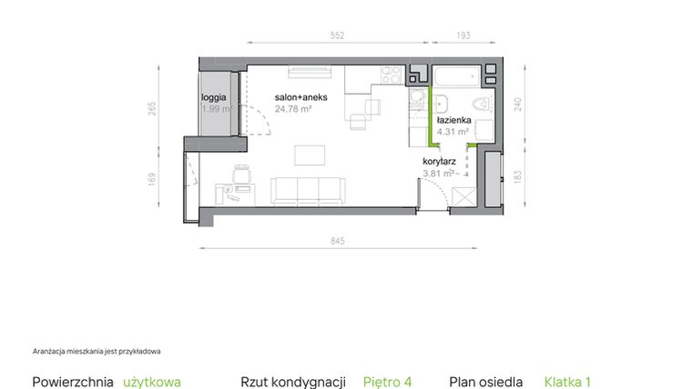 Rzut - Mieszkanie na sprzedaż 1 pokój o powierzchni 32,9 m² - numer K1/4/29 w Piękna Vita