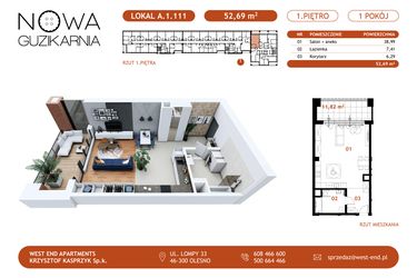 Rzut - Mieszkanie na sprzedaż 1 pokój o powierzchni 51,96 m² - numer A.1.111 w Nowa Guzikarnia