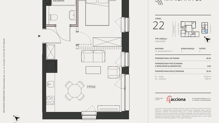 Rzut - Mieszkanie na sprzedaż 1 pokój o powierzchni 39,36 m² - numer 4.22 w Kamienna 28 - apartamenty inwestycyjne
