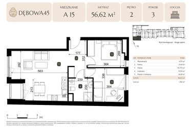 Rzut - Mieszkanie na sprzedaż 3 pokoje o powierzchni 56,62 m² - numer A.15 w Dębowa 45