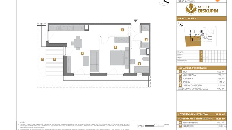 Rzut - Mieszkanie na sprzedaż 2 pokoje o powierzchni 48,28 m² - numer Q2 w Wille Biskupin III