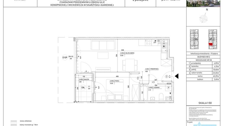 Rzut - Mieszkanie na sprzedaż 2 pokoje o powierzchni 43,29 m² - numer M-58 w Apartamenty Konopnickiej