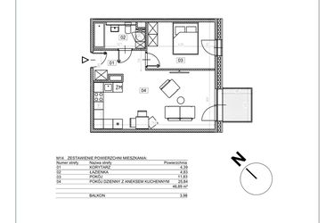 Rzut - Mieszkanie na sprzedaż 2 pokoje o powierzchni 46,89 m² - numer J.M14 w Osiedle Glivia Zachodnia