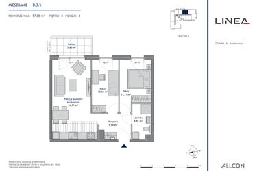Rzut - Mieszkanie na sprzedaż 3 pokoje o powierzchni 57,08 m² - numer B.3.5 w Linea