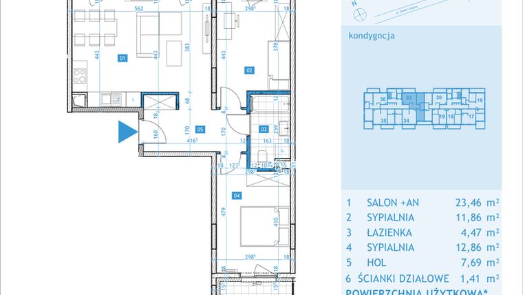 Rzut - Mieszkanie na sprzedaż 3 pokoje o powierzchni 61,75 m² - numer E33 w Osiedle Botaników etap E