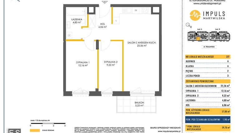 Rzut - Mieszkanie na sprzedaż 3 pokoje o powierzchni 57,8 m² - numer A/27 w Impuls Marywilska