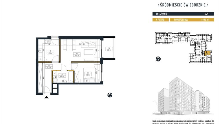 Rzut - Mieszkanie na sprzedaż 2 pokoje o powierzchni 50,03 m² - numer A-91 w Braniborska