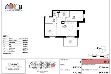 Rzut - Mieszkanie na sprzedaż 3 pokoje o powierzchni 54,45 m² - numer M19 w Kamieniczki za Strugą