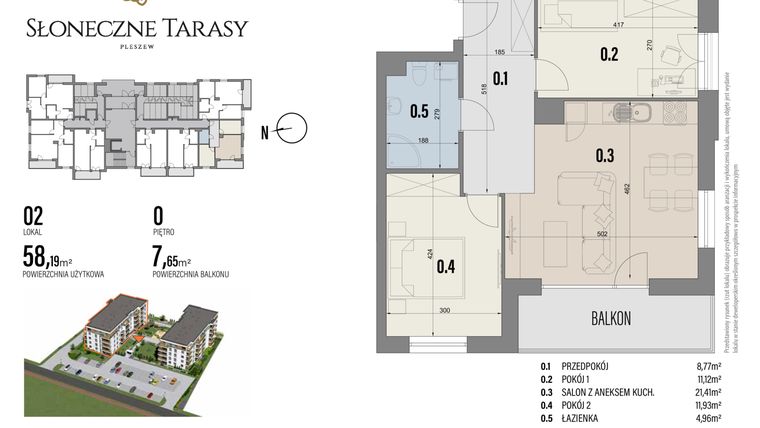 Rzut - Mieszkanie na sprzedaż 3 pokoje o powierzchni 58,19 m² - numer 2 w Słoneczne Tarasy