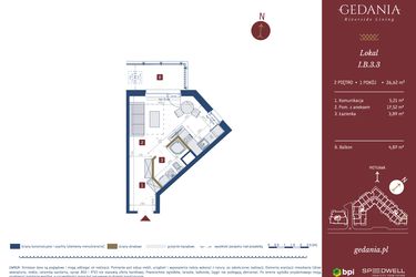 Rzut - Mieszkanie na sprzedaż 1 pokój o powierzchni 26,62 m² - numer I.B.3.3 w GEDANIA Riverside Living - apartamenty inwestycyjne