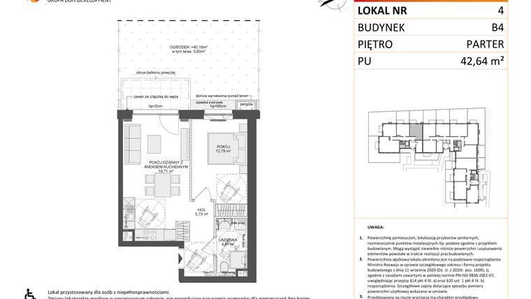Rzut - Mieszkanie na sprzedaż 2 pokoje o powierzchni 42,55 m² - numer B4.4 w Osiedle Przy Błoniach 3 etap III