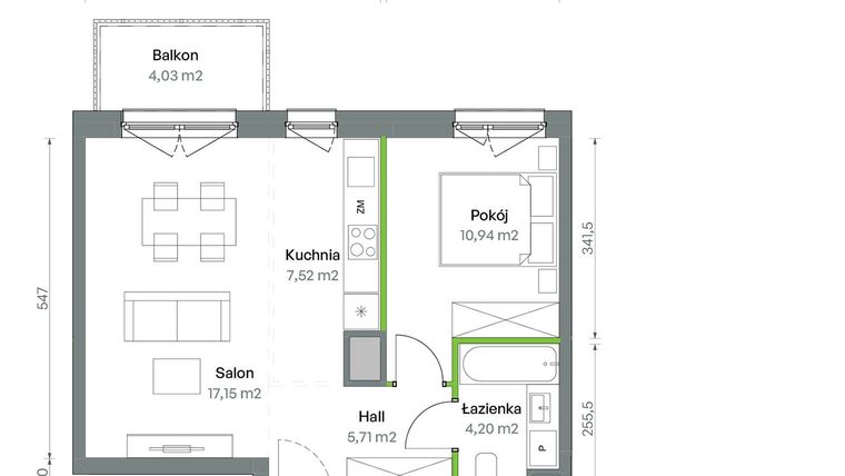 Rzut - Mieszkanie na sprzedaż 2 pokoje o powierzchni 45,52 m² - numer 1/A/2/74 w Oliwska Vita