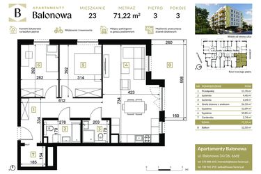 Rzut - Mieszkanie na sprzedaż 3 pokoje o powierzchni 71,14 m² - numer 23 w Apartamenty Balonowa