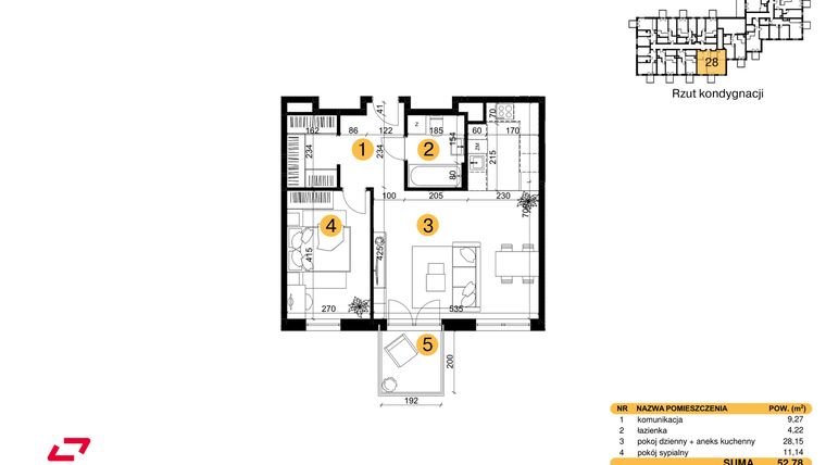 Rzut - Mieszkanie na sprzedaż 2 pokoje o powierzchni 52,78 m² - numer M28 w Punkt Wola