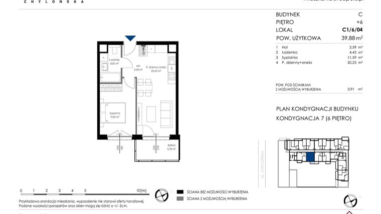 Rzut - Mieszkanie na sprzedaż 2 pokoje o powierzchni 39,88 m² - numer C1/6/04 w Chylońska STO10 etap III