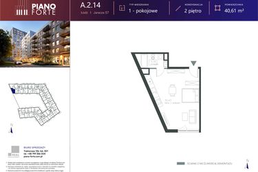 Rzut - Mieszkanie na sprzedaż 1 pokój o powierzchni 40,61 m² - numer A.2.14 w Piano