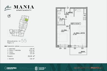 Rzut - Mieszkanie na sprzedaż 2 pokoje o powierzchni 38,99 m² - numer 55 w MANIA Apartamenty