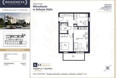 Rzut - Mieszkanie na sprzedaż 3 pokoje o powierzchni 53,65 m² - numer A12 w Mickiewicza