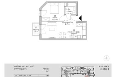 Rzut - Mieszkanie na sprzedaż 2 pokoje o powierzchni 43,76 m² - numer BII.2.M57 w Przewóz 42 ATAL II
