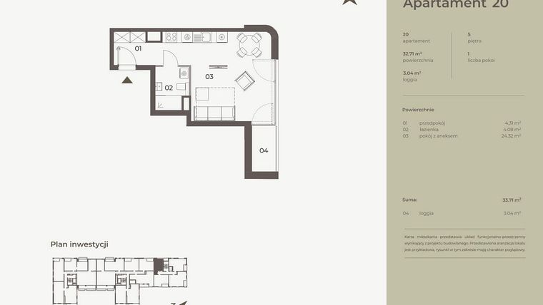Rzut - Mieszkanie na sprzedaż 1 pokój o powierzchni 32,71 m² - numer 20 w Monument